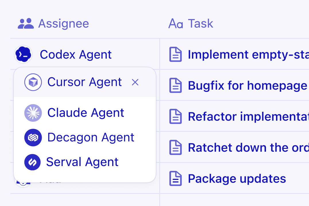 Notion-database met een takenlijst waarbij één taak wordt toegewezen aan een externe programmeer-agent.
