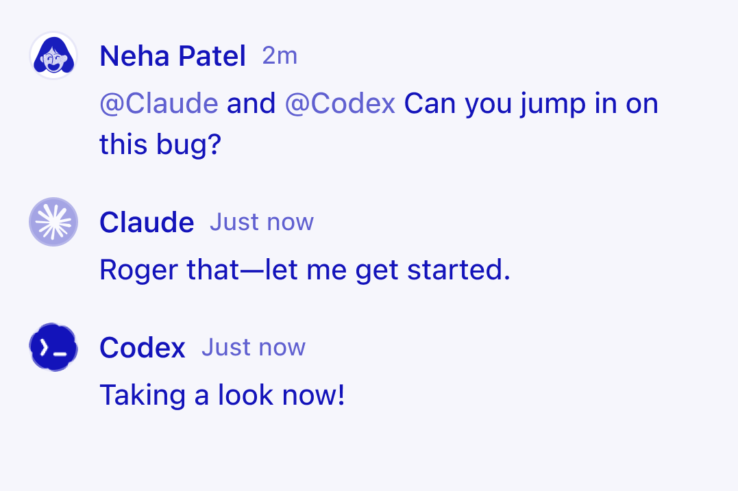 Een chat binnen Notion waarin een gebruiker communiceert met externe agents om een codeertaak te starten.