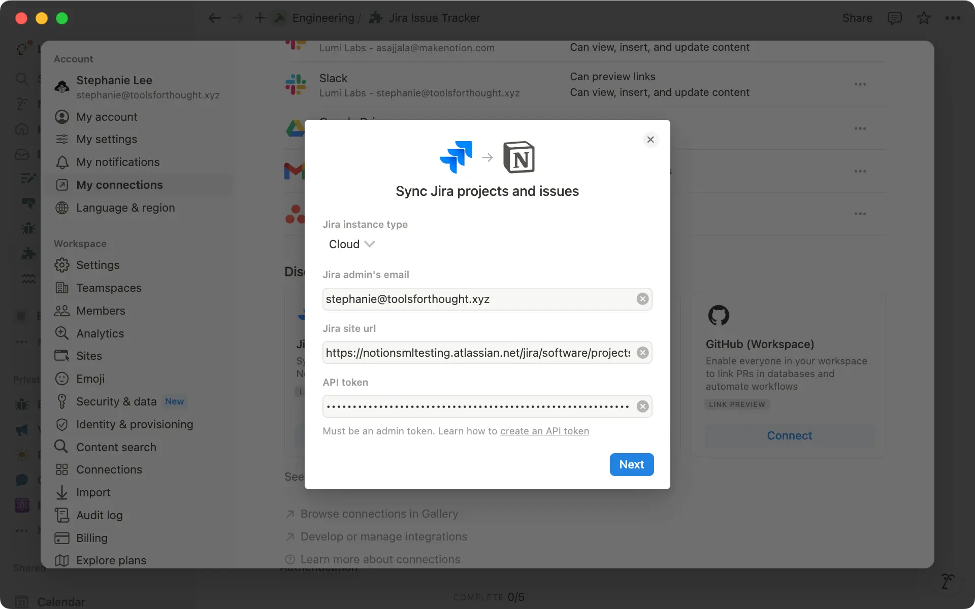Pour configurer la synchronisation Jira, vous devrez créer un jeton API si vous êtes à la fois propriétaire de l’espace de travail et administrateur Jira