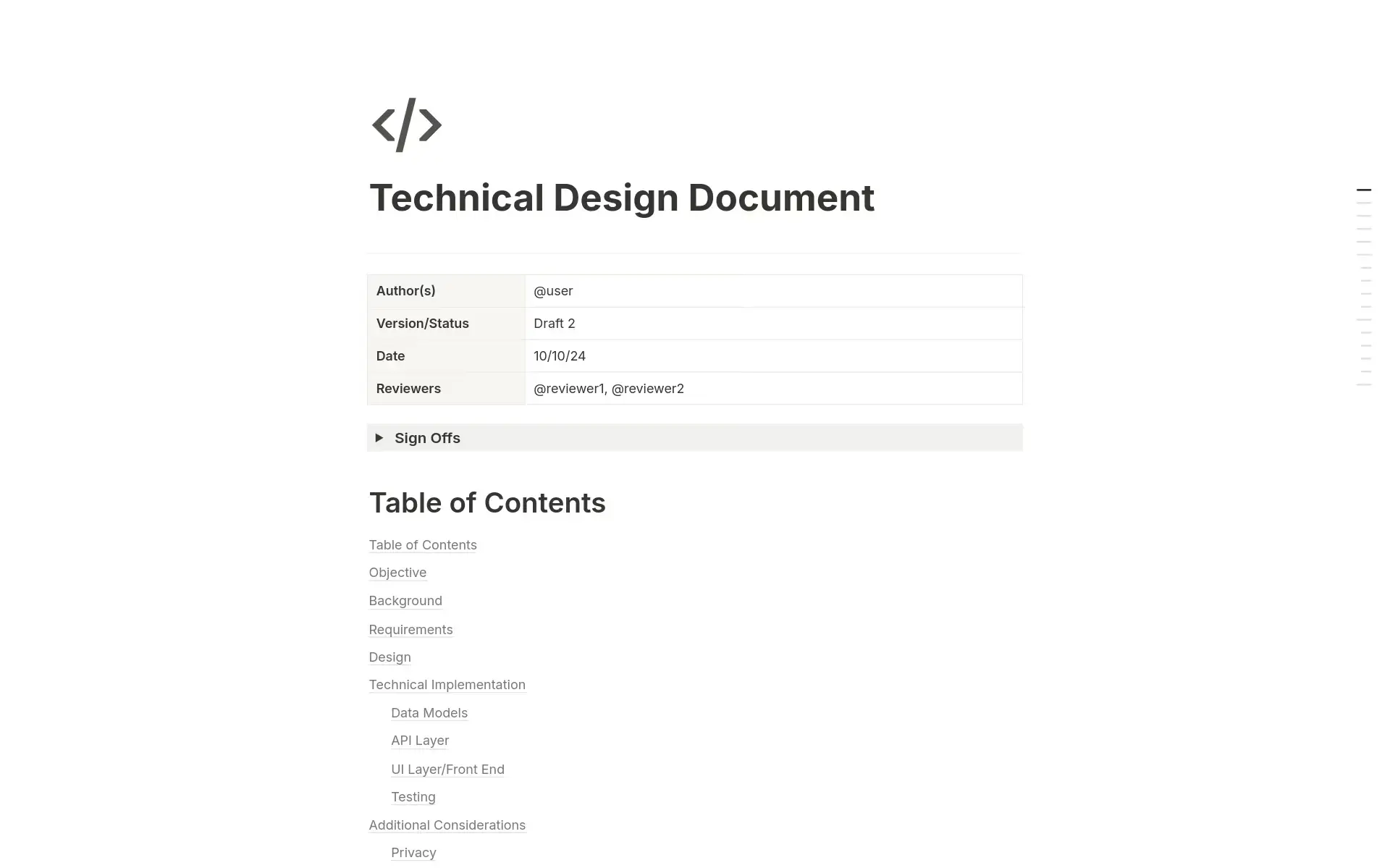 Notion’s Technical Design Document provides sections for background, requirements, and more