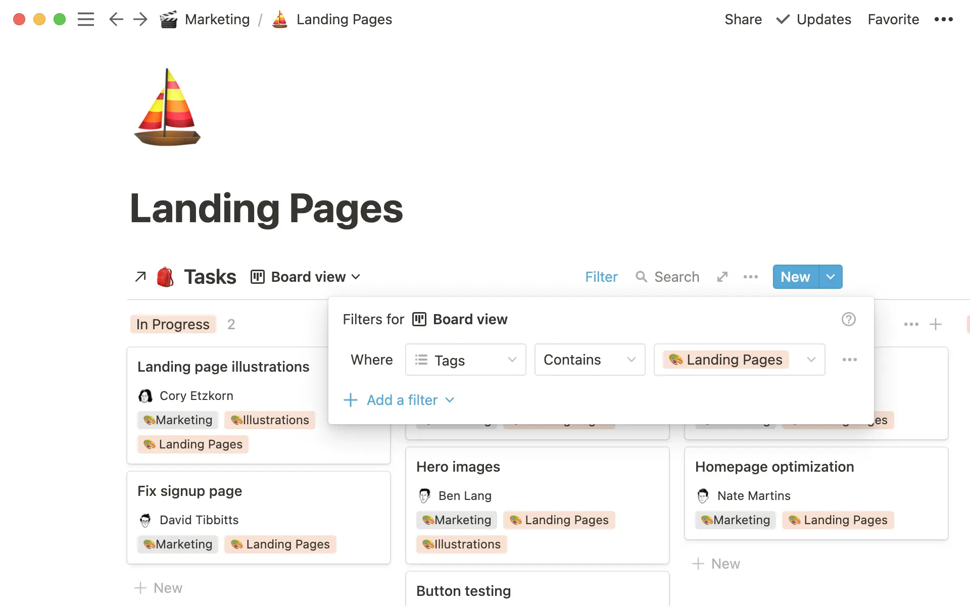 Marketing will link a view of the tasks database with projects specific to their team.