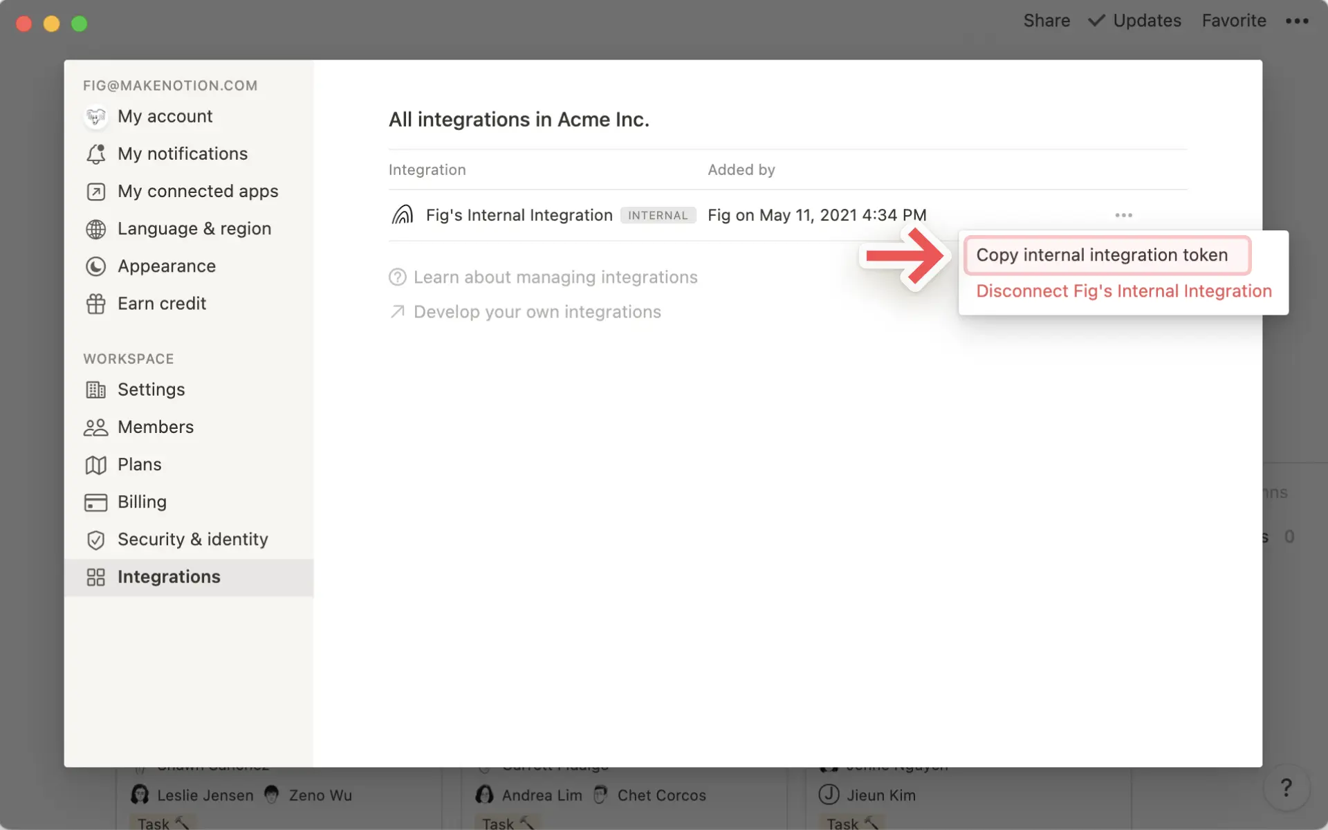 Integrationen hinzufügen und verwalten – Interner Integrationstoken