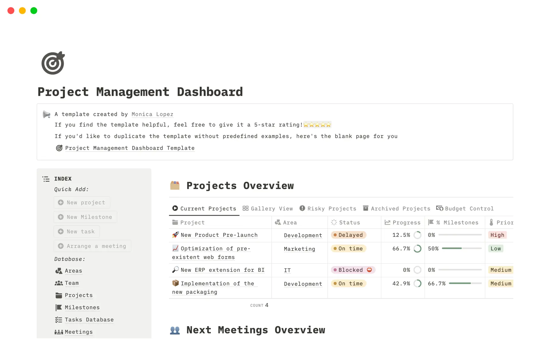 A Notion project dashboard shows a shared view of current projects, status labels, progress bars, and next meetings.