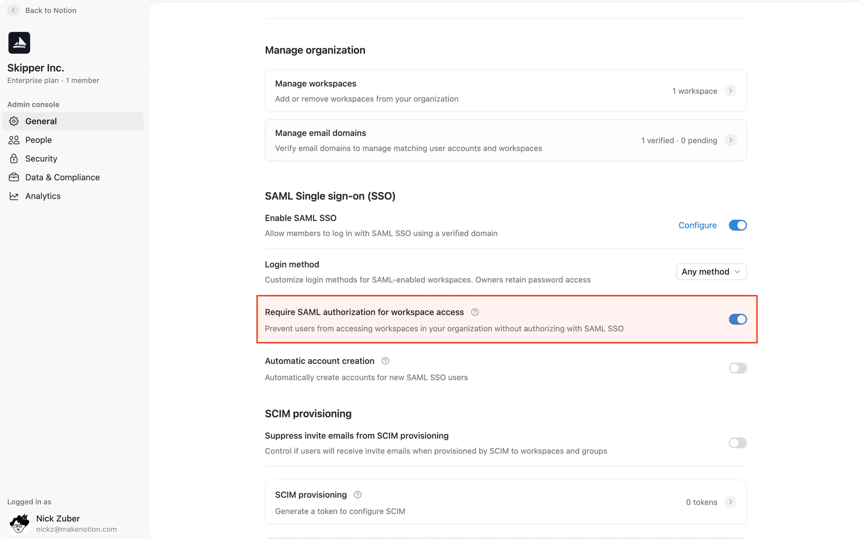 hc: workspace-level saml authorization setting