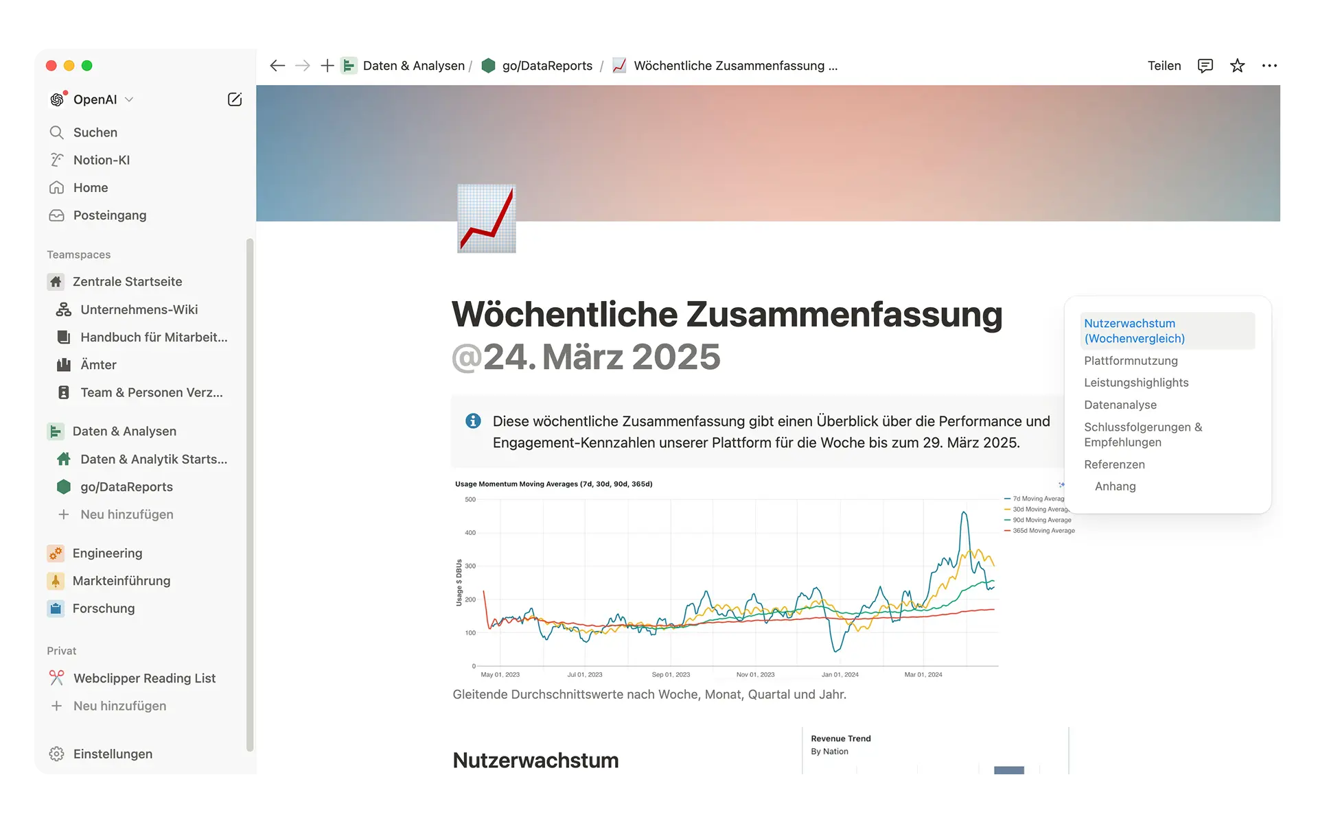 Das Data-Science-Team von OpenAI sparte Stunden manueller Arbeit, indem es das Berichtswesen in Notion automatisierte und wichtige operative Daten samt Dashboards in einem durchsuchbaren Hub mit Einblicken in Echtzeit für Entscheider zusammenfasste.