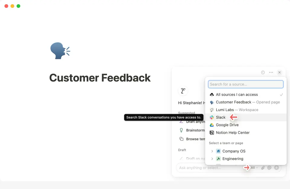 cliquez sur le menu à trois points --- dans le coin supérieur droit du chat de Notion AI pour vous connecter à Slack.