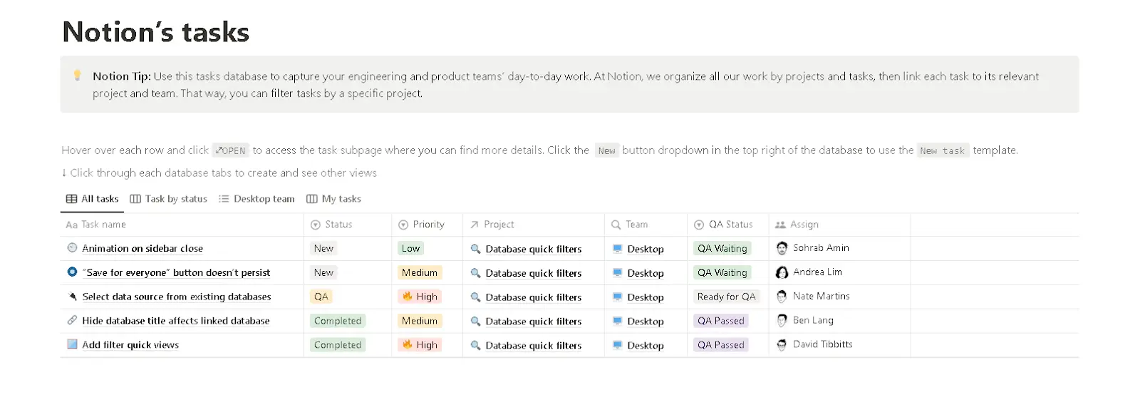 Notion's tasks template