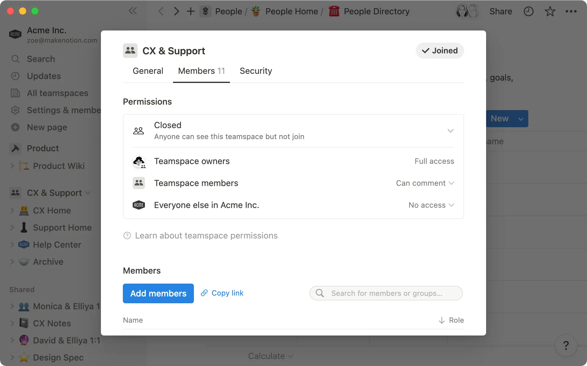 Visuel des autorisations et des groupes pour les espaces d’équipe