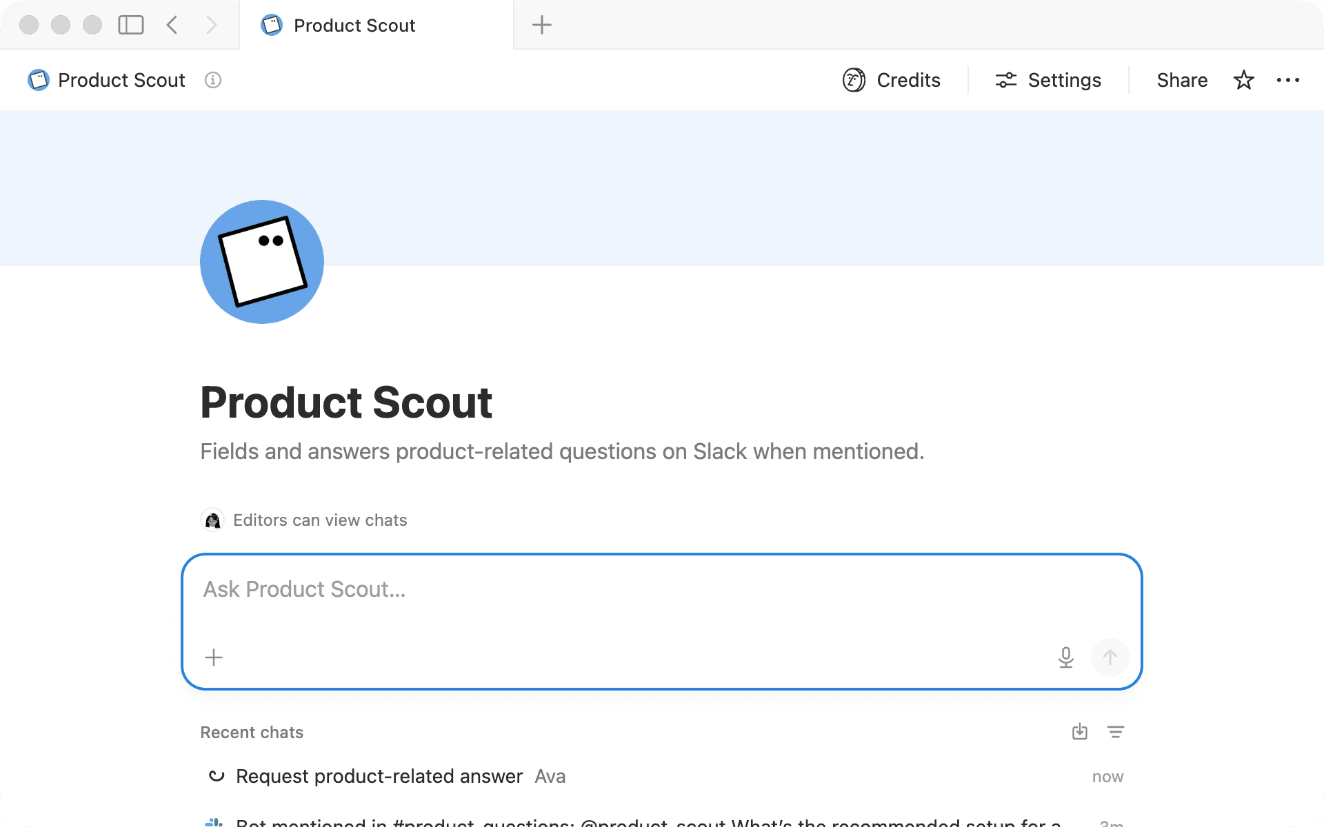 Product Scout는 Slack 채널 내에서 팀원의 제품 질문에 답변합니다.