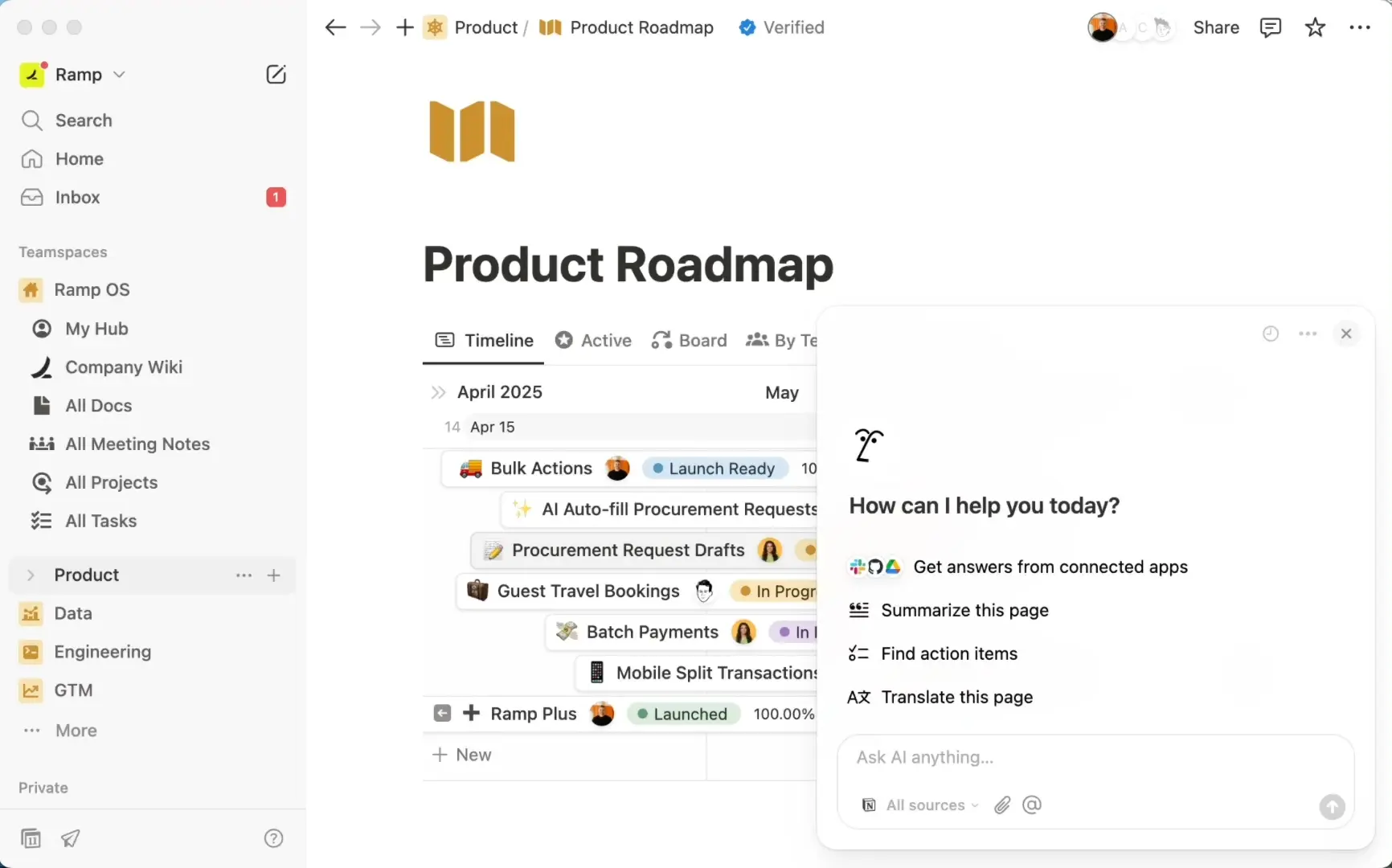 A Notion AI agent integration in Notion’s Product Roadmap template