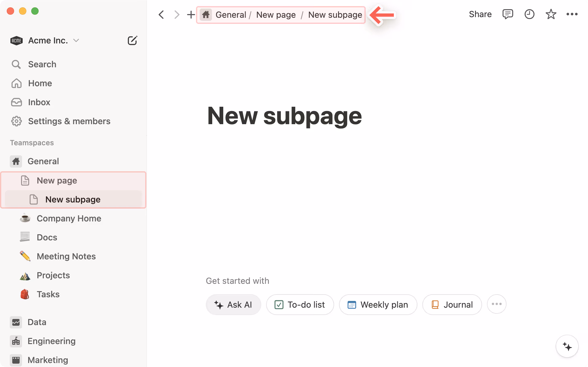Subpage sidebar breadcrumb