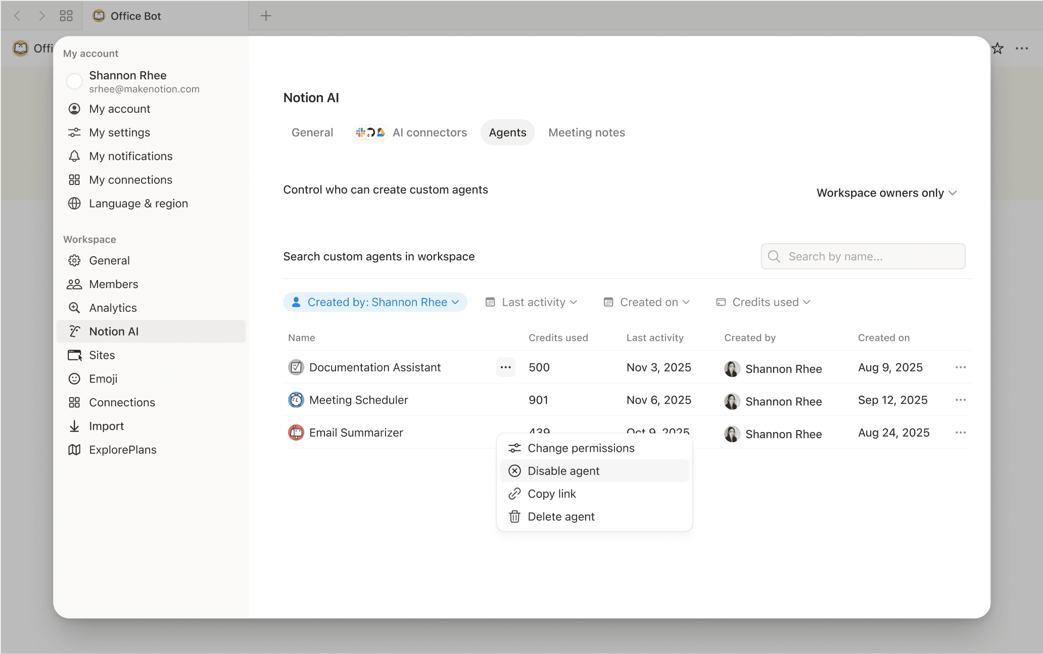 Go to Settings → Notion AI → Agents, find the agent you want, open its menu, and select "Disable".