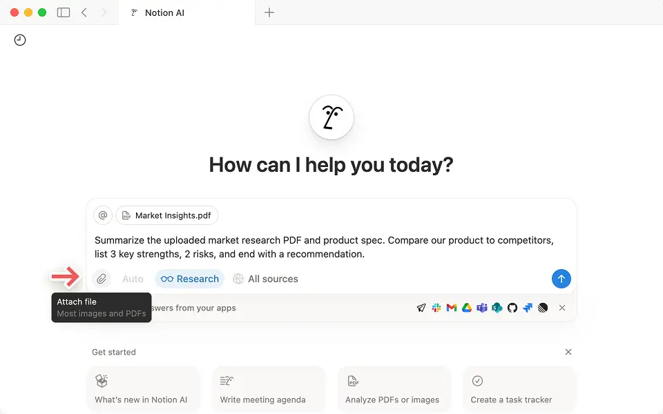 Upload market research, product specs, or snapshots for Research Mode to include in its output.