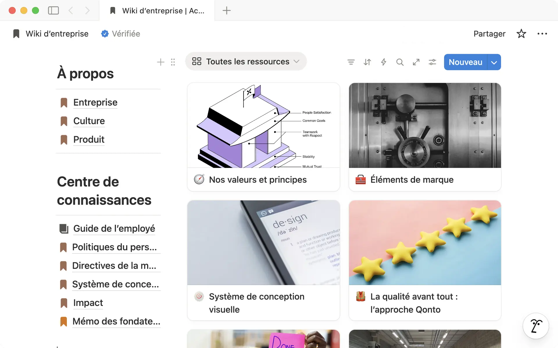 Qonto tient à jour un wiki d’entreprise complet comme celui-ci, qui regroupe toute la documentation essentielle dans une base de données commune, centralisée et organisée.