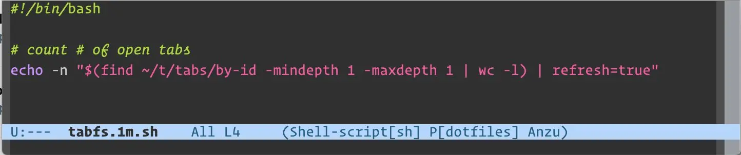 @rsnous: "made a little BitBar (?) script using TabFS to show me the number of open tabs (updating every minute & when I click)" Image from Twitter.