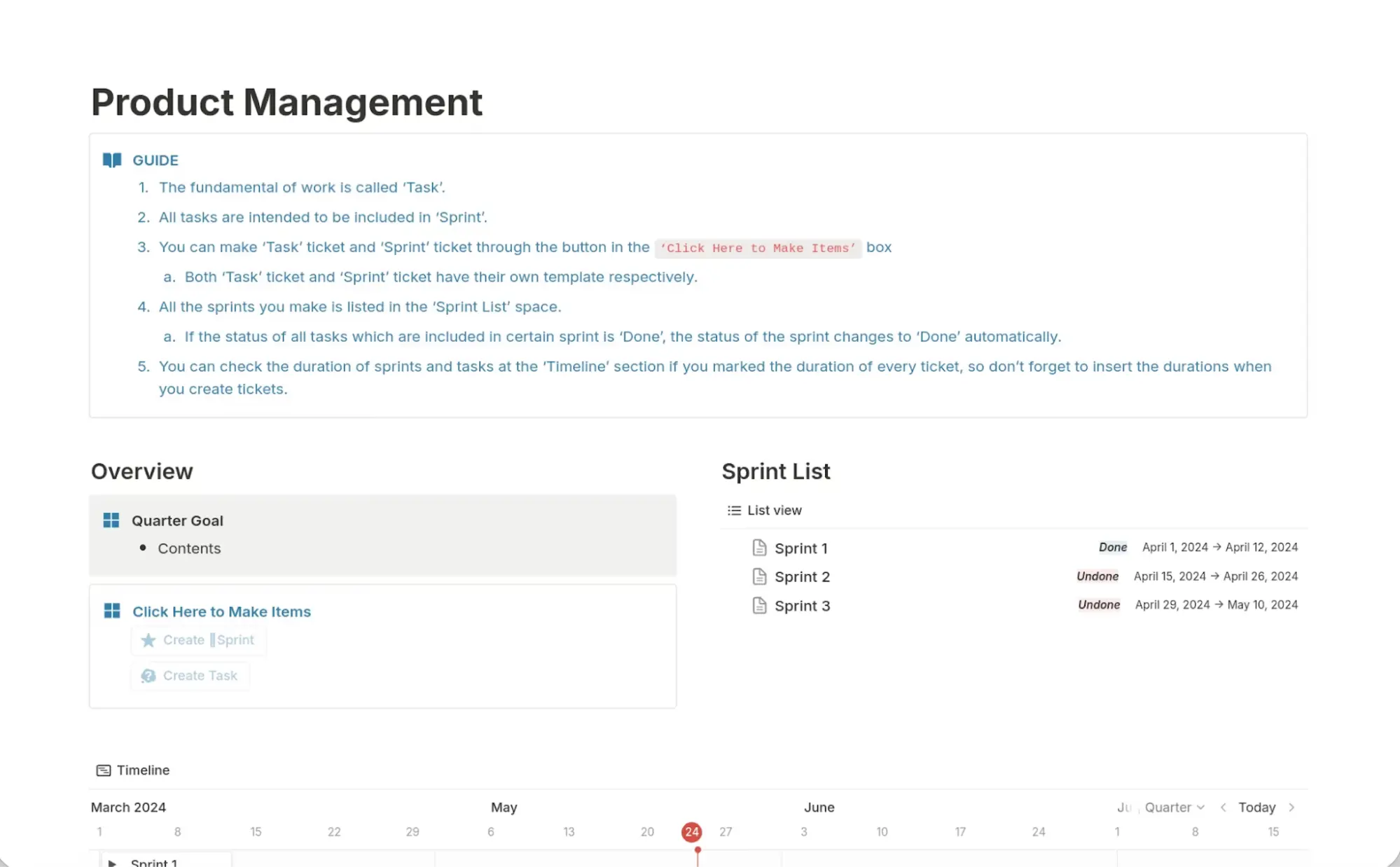 A product management template, available in Notion, showing project overview, sprint list, and timeline.