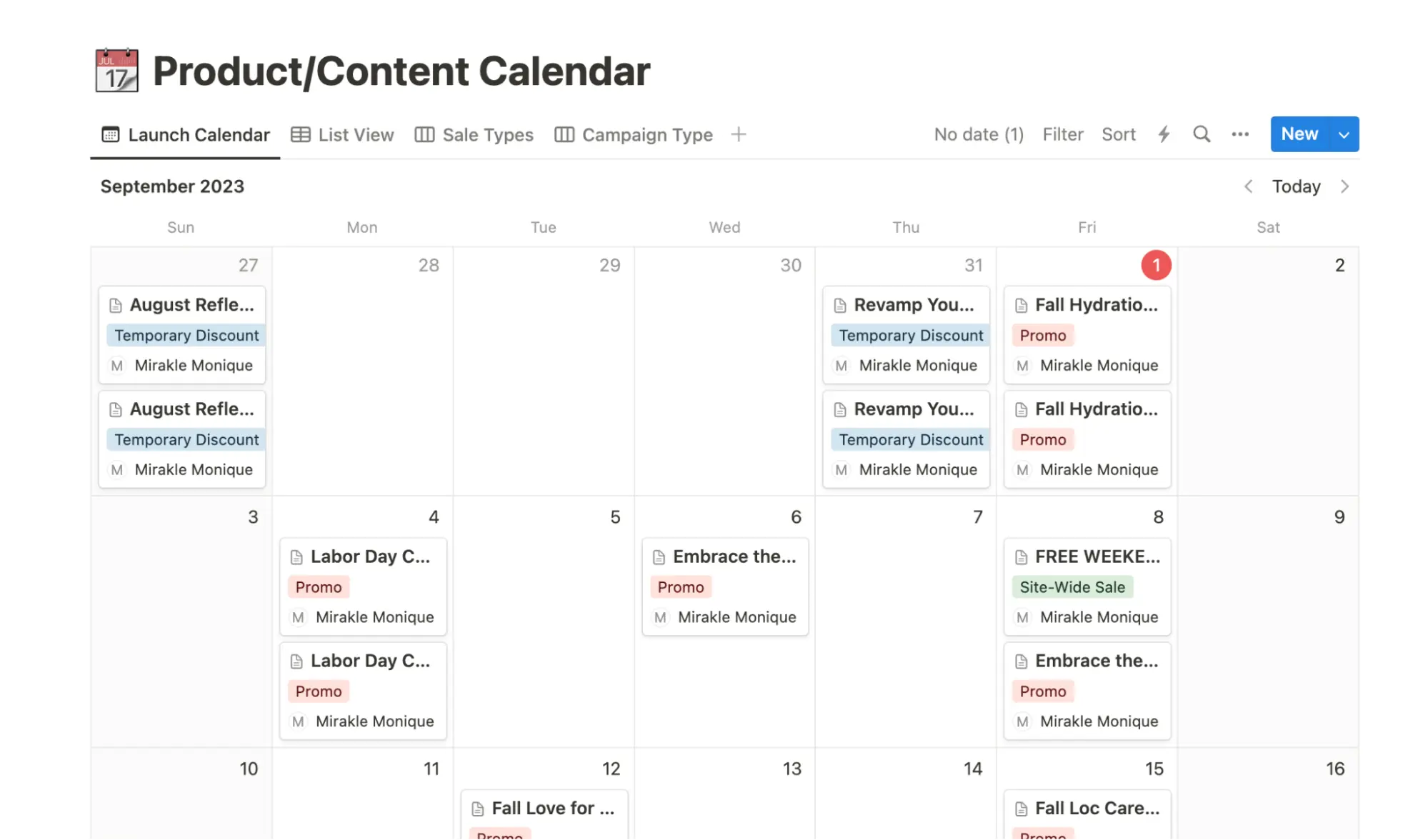 Email/SMS Product Content Calendar