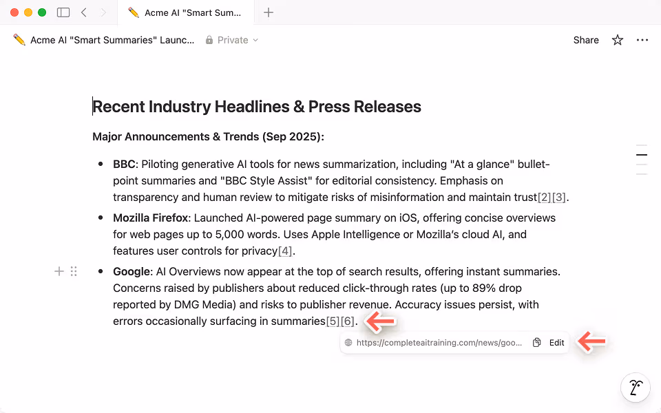 Every report includes hyperlinked citations, letting you see where insights come from.