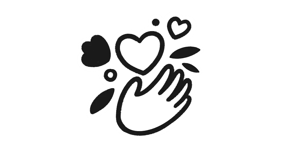 Une illustration minimaliste en noir et blanc montrant une main ouverte au-dessus de laquelle flottent des cœurs.