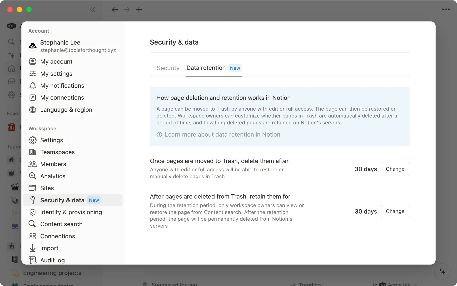 Les propriétaires d’espaces de travail Enterprise peuvent contrôler le moment où les pages des utilisateurs sont supprimées de la corbeille et la durée pendant laquelle elles peuvent être conservées avant leur suppression définitive