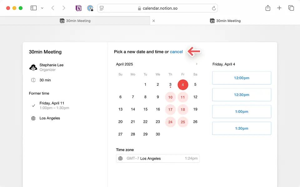 Cliquez sur le lien présent dans l’invitation que vous avez reçue par e-mail pour reprogrammer ou annuler l’événement.