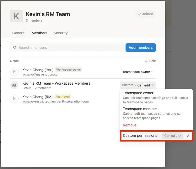hc: Berechtigungsgruppe für eingeschränkte Mitglieder in einem Teamspace zuweisen