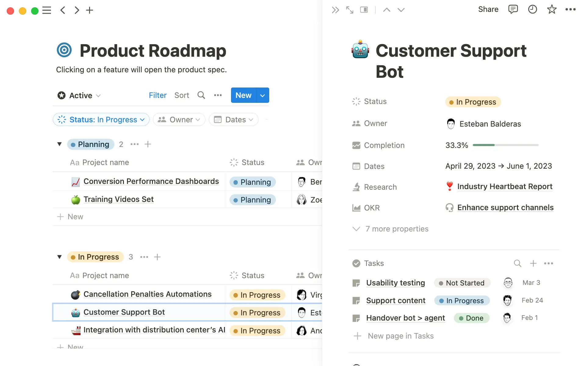 Utiliza bases de datos para conectar tu roadmap con proyectos y documentos.