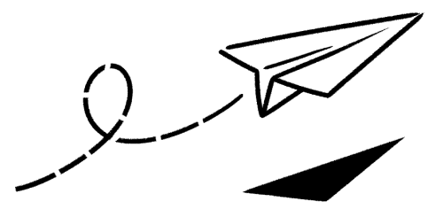 Un dessin minimaliste en noir et blanc d’un avion en papier volant dans les airs.