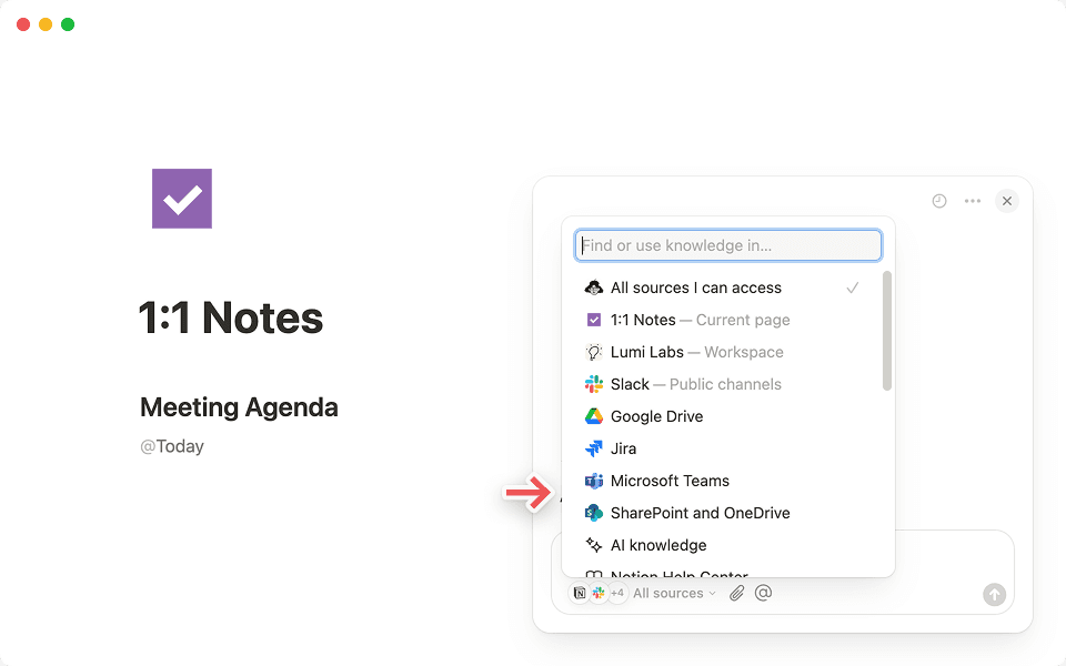Sélectionnez l’option + Connecter des applications dans l’onglet « Toutes les sources » de votre chat avec l’IA de Notion pour commencer.