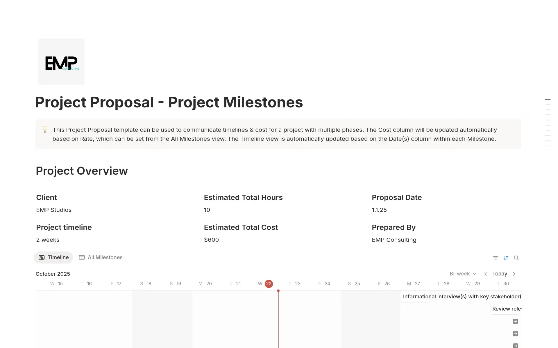 Notion’s project proposal template with milestones shows the project overview with dates, timelines, and estimated costs.