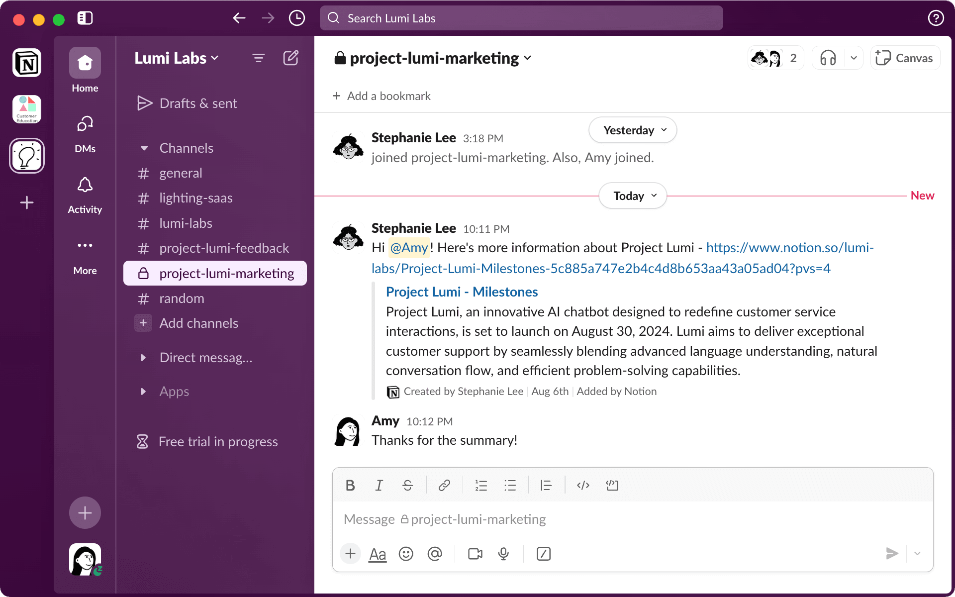 Notion URLs shared in Slack unfurl to provide a helpful summary.