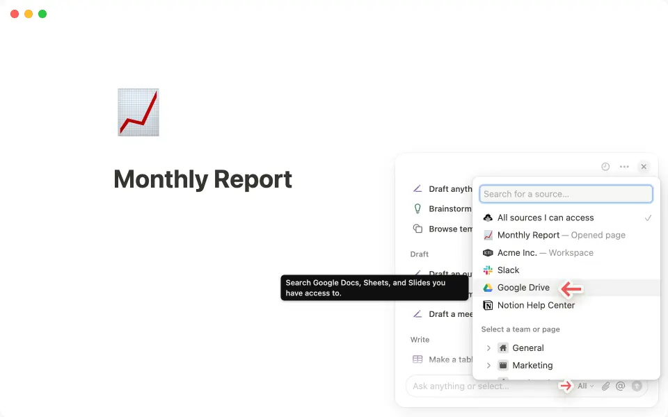 cliquez sur le menu à trois points --- dans le coin supérieur droit du chat de Notion AI pour vous connecter à Google Drive.