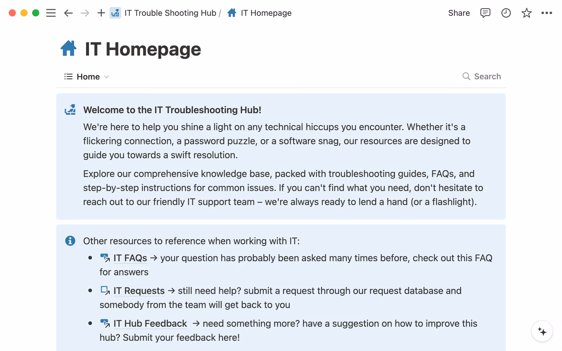 La page racine de votre centre de connaissances permet à vos utilisateurs de savoir ce qu’ils y trouveront, tout en faisant office de wiki.