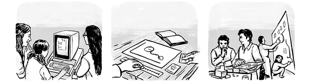 Illustrations depicting Dynamicland's mission. Image from Dynamicland.