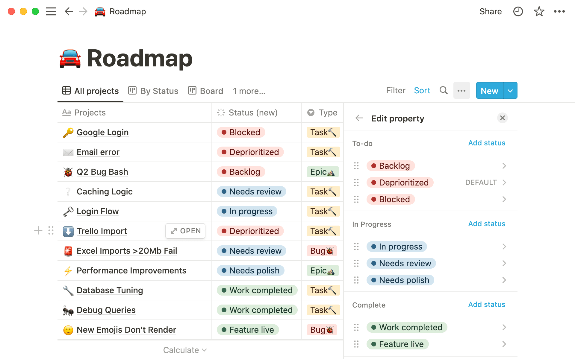 La propriété État vous indique le niveau d'avancement d'une tâche. Vous pouvez y ajouter des sous-catégories.