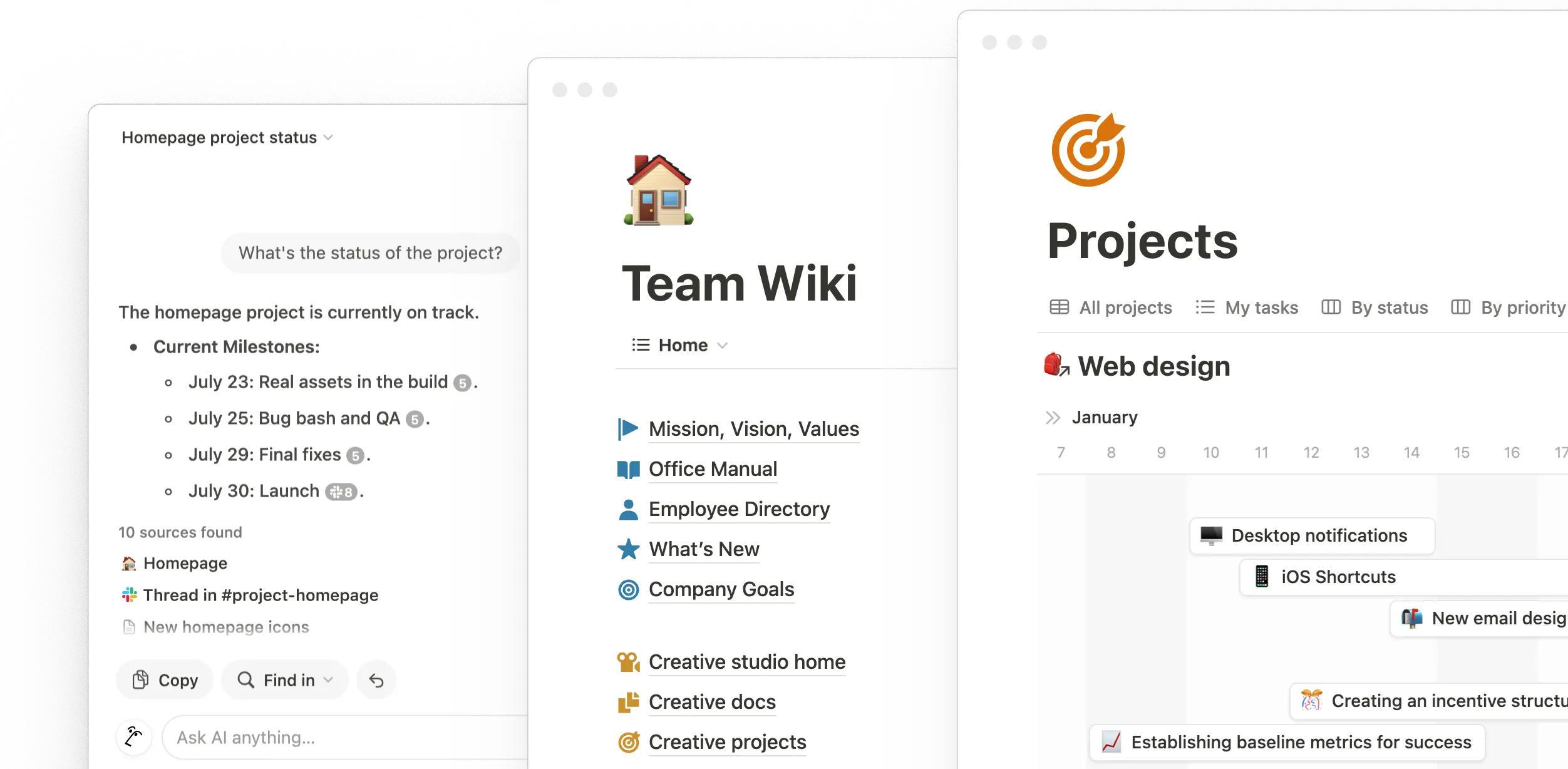Notion workspace displaying task list and team wiki side-by-side