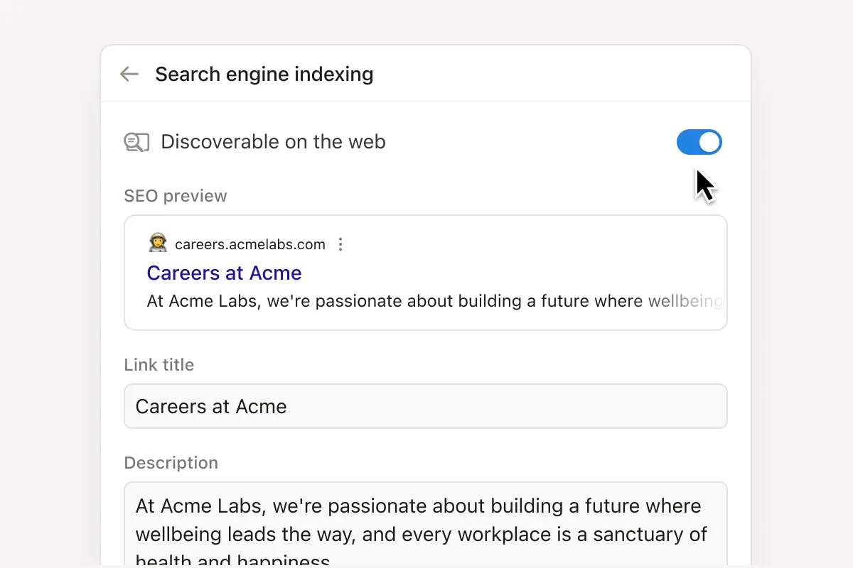 Define cómo quieres aparecer en los motores de búsqueda con la configuración SEO personalizada para Notion Sites.