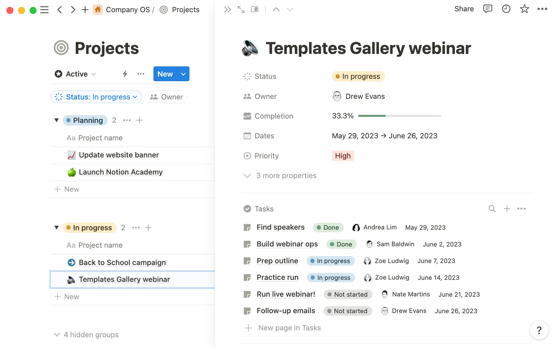 Todas las tareas están vinculadas a proyectos más amplios, lo que facilita su seguimiento.