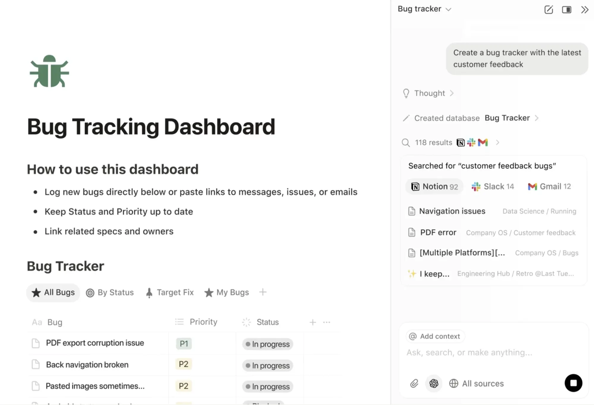 A Notion AI-generated bug tracking dashboard with the latest customer feedback