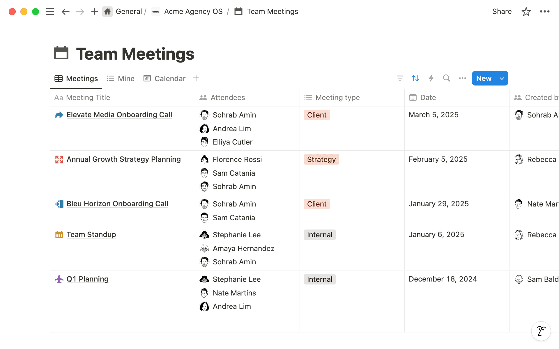 Track internal meetings and client calls with a meeting notes database.