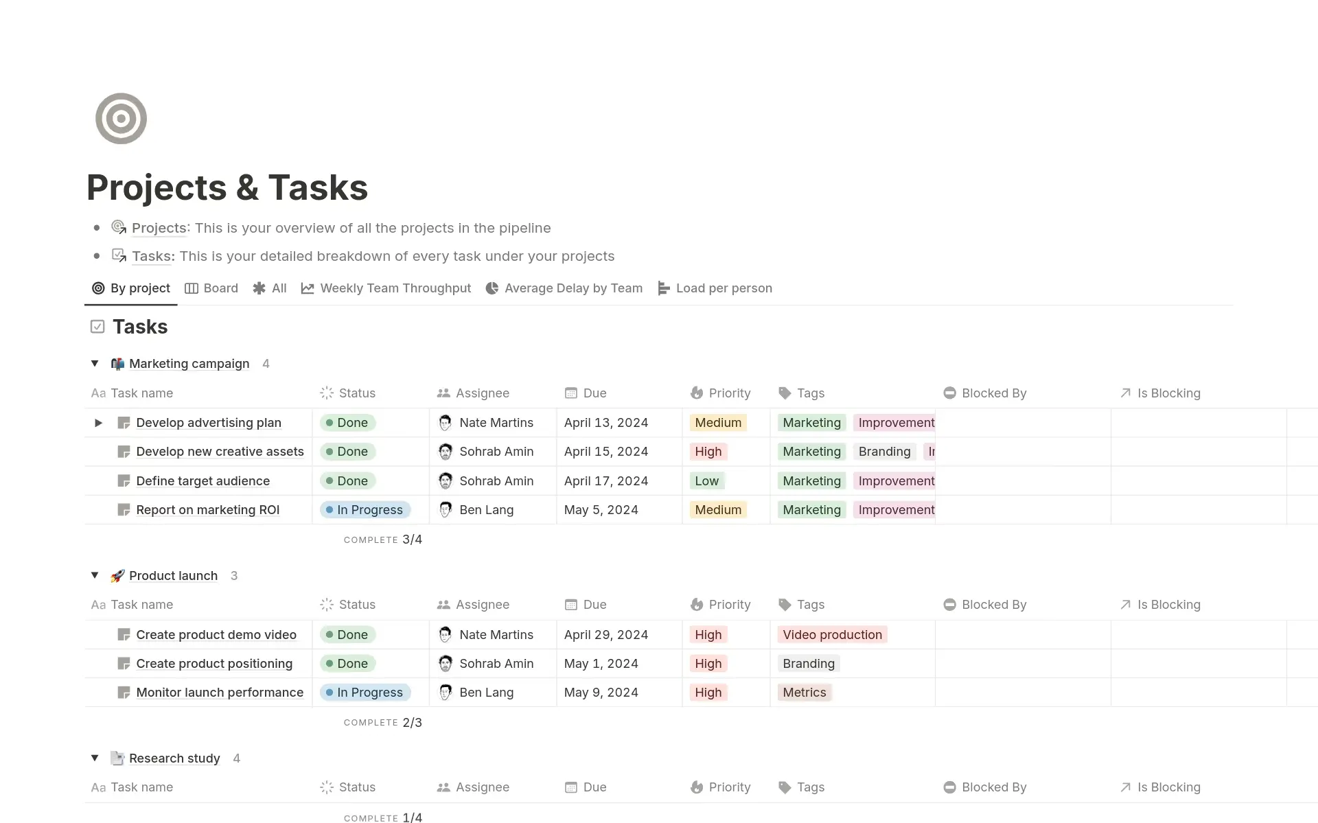 Notion's Project & Tasks template