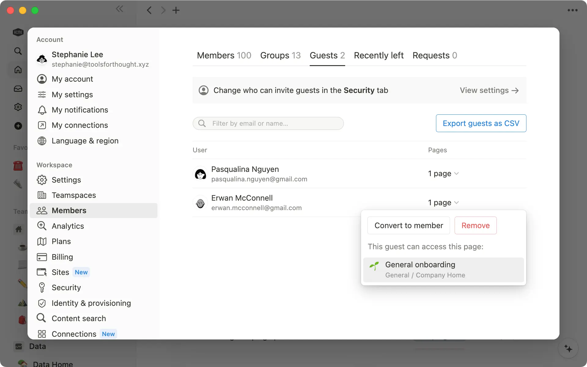 Affichez la liste de tous les invité·es et des pages auxquelles ils et elles ont accès sous l’onglet « Invité·es ».