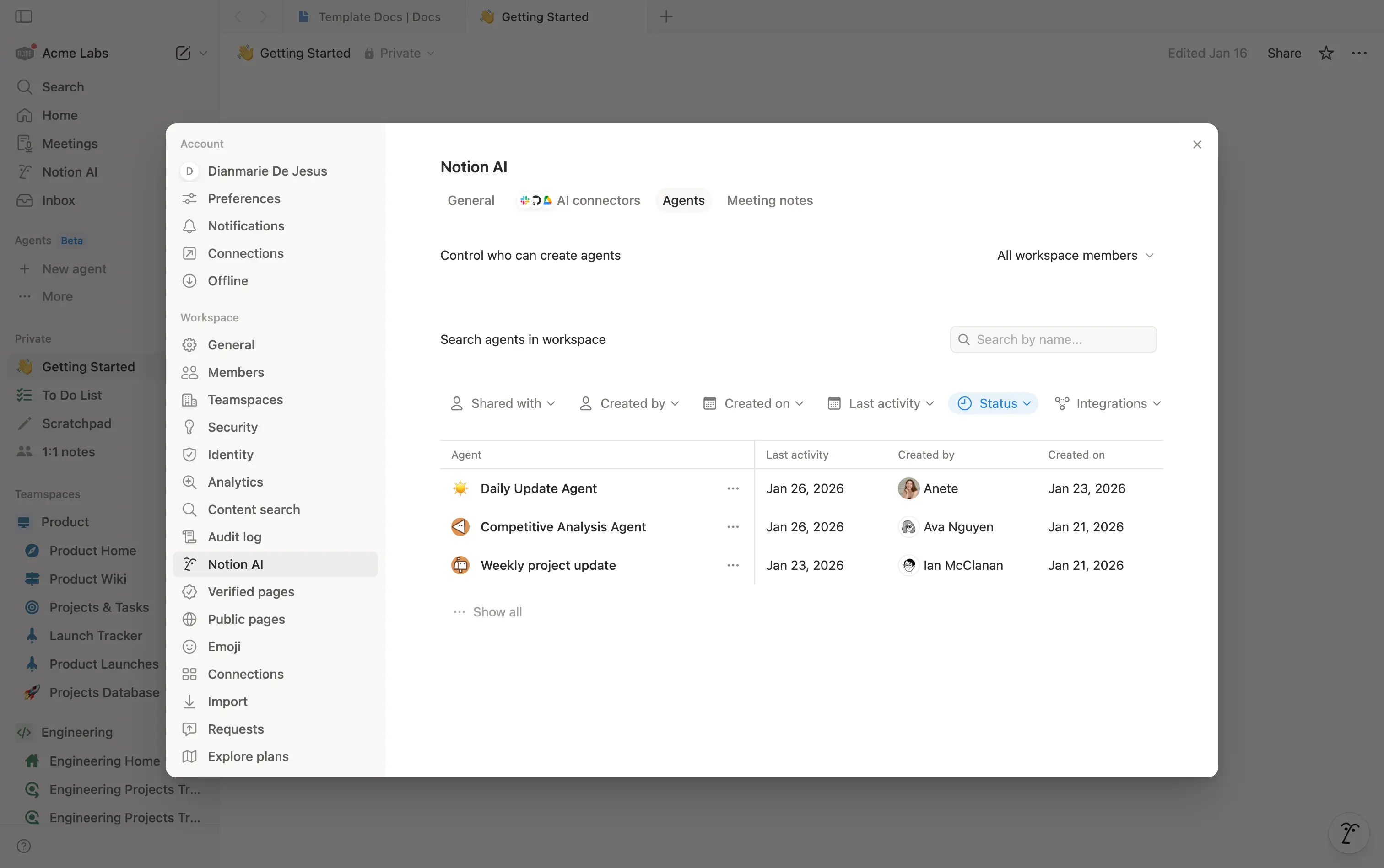 Image of agent directory within Notion AI.