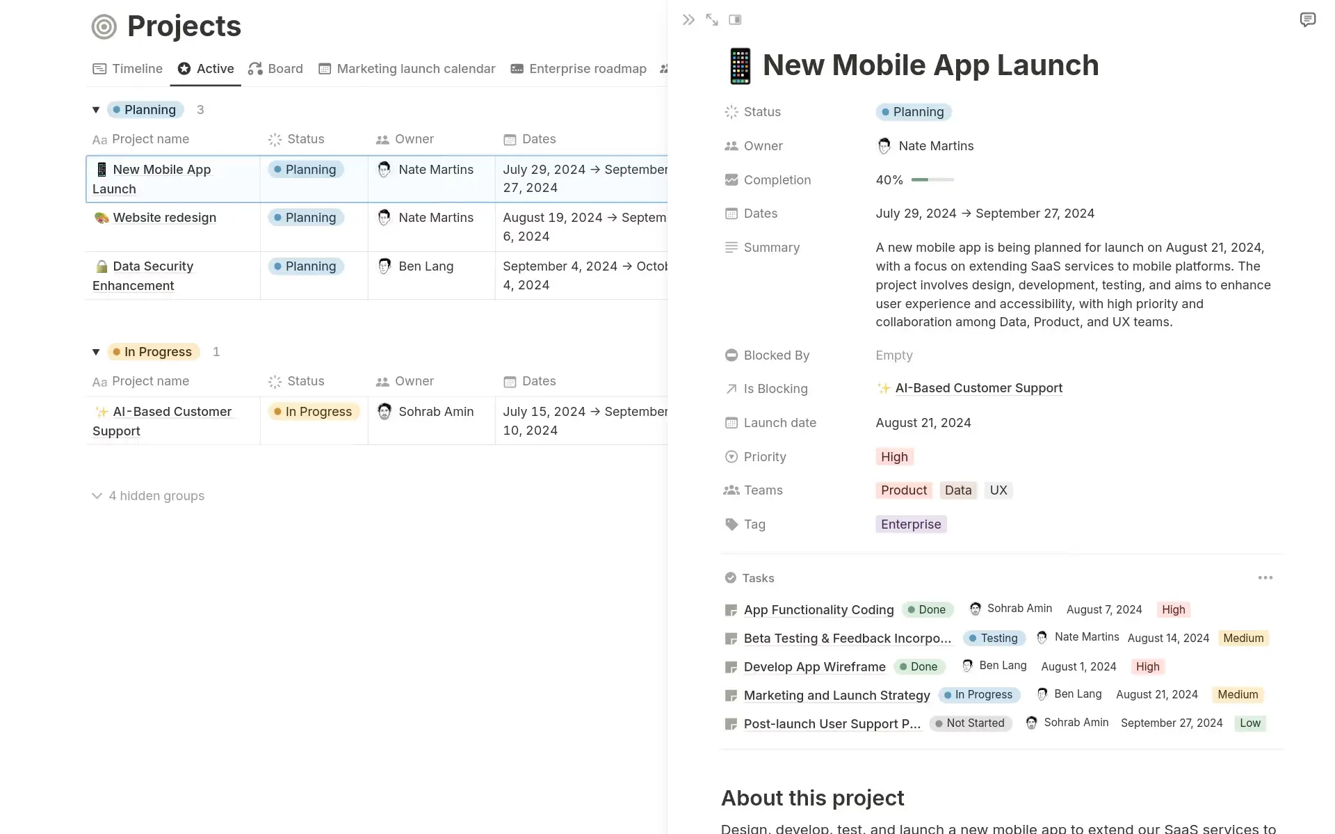 A sample product roadmap in Notion that shows real-time status, blockers, progress, and more