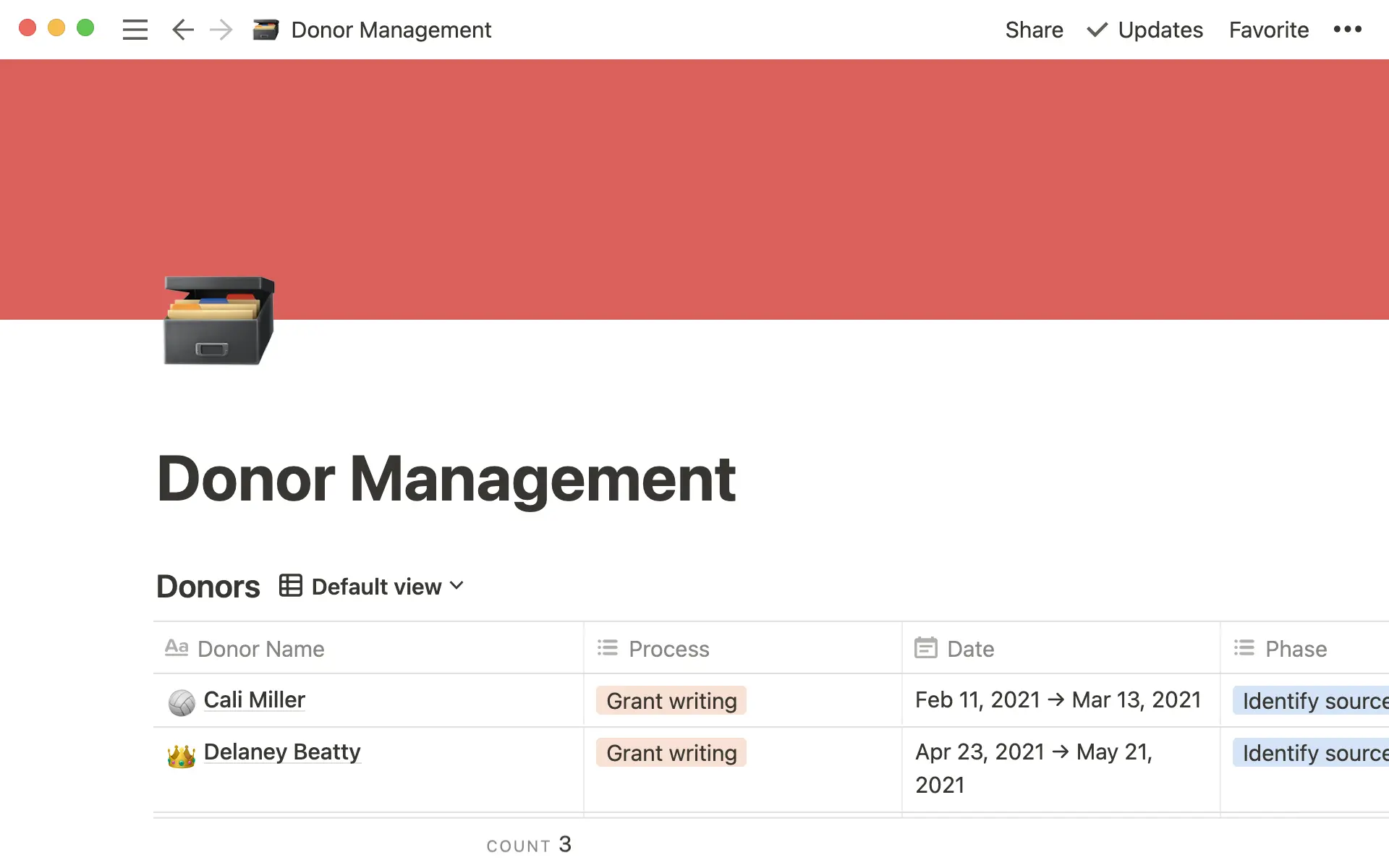 Vue de base de données d’un document de gestion des donateur·rices montrant les différent·es donateur·rices et leurs informations respectives.