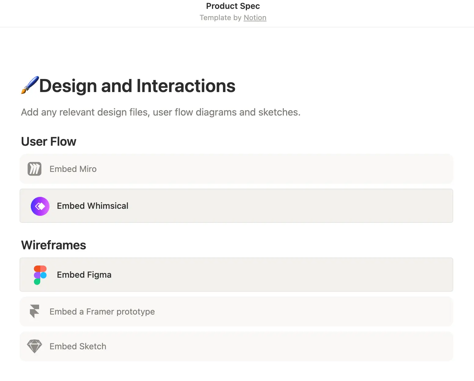Notion’s product spec template, showing direct links to design files and user flow diagrams