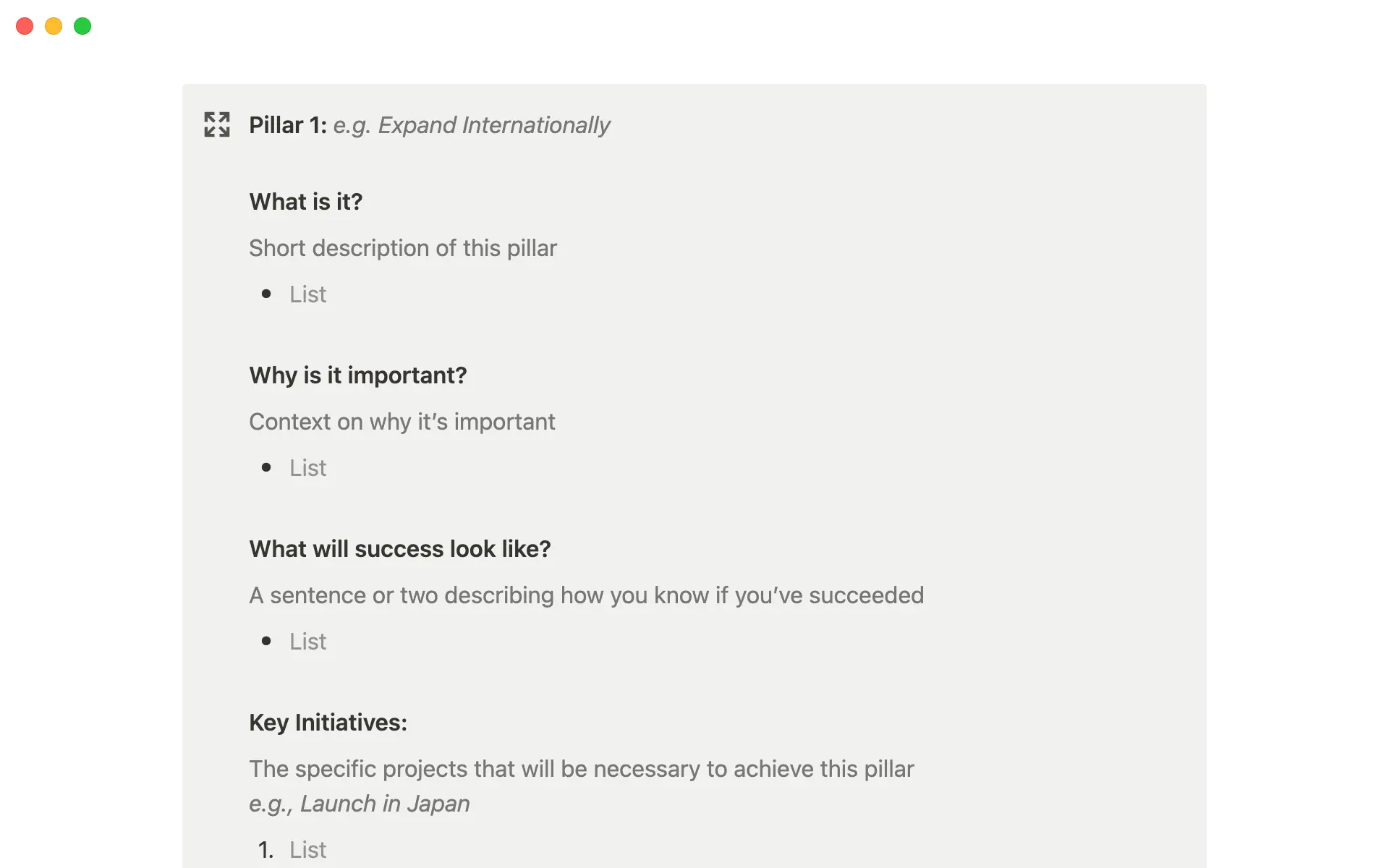 Construye cada pilar estratégico definiendo el qué, el por qué, las métricas de éxito y las iniciativas clave.