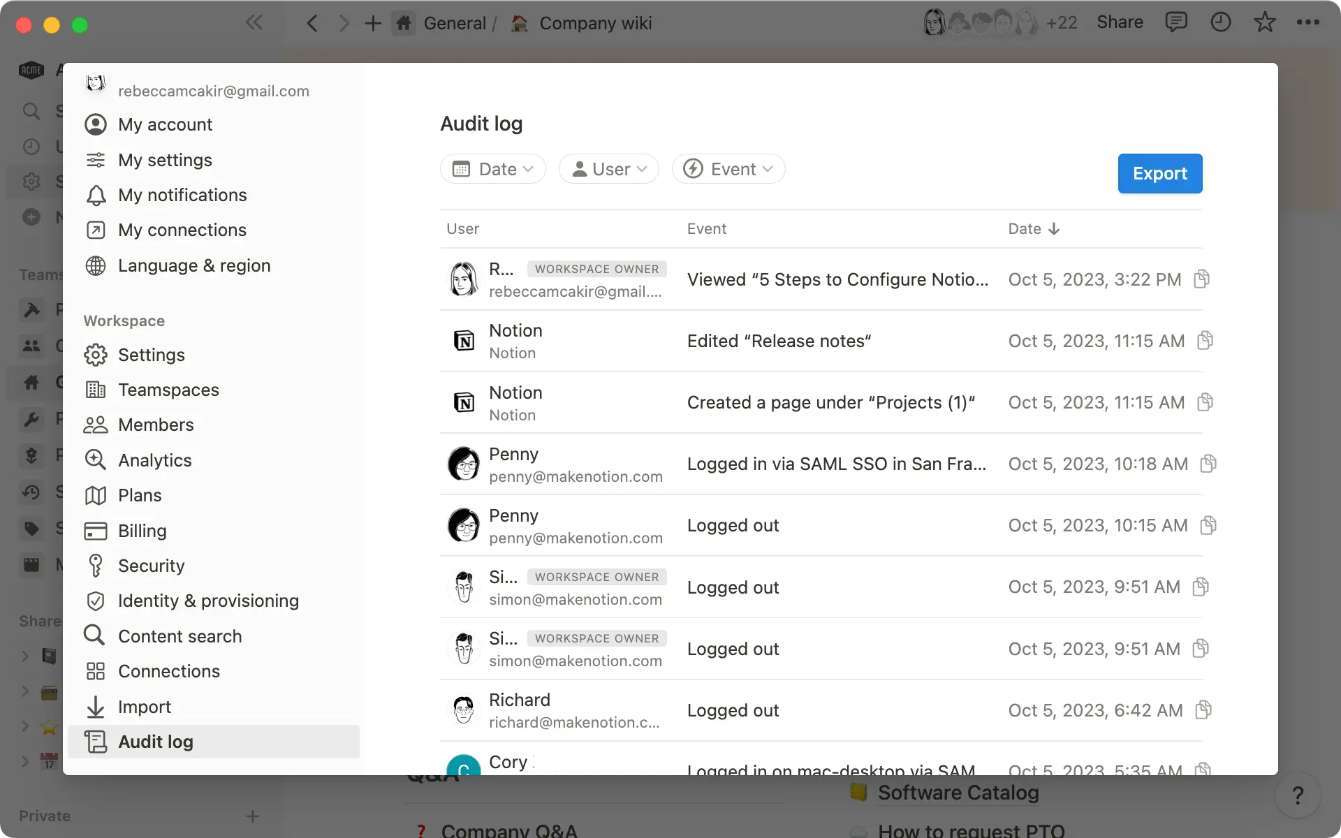 Le journal d’audit permet aux propriétaires d’espaces de travail de voir tous les événements qui se produisent dans leur espace de travail.
