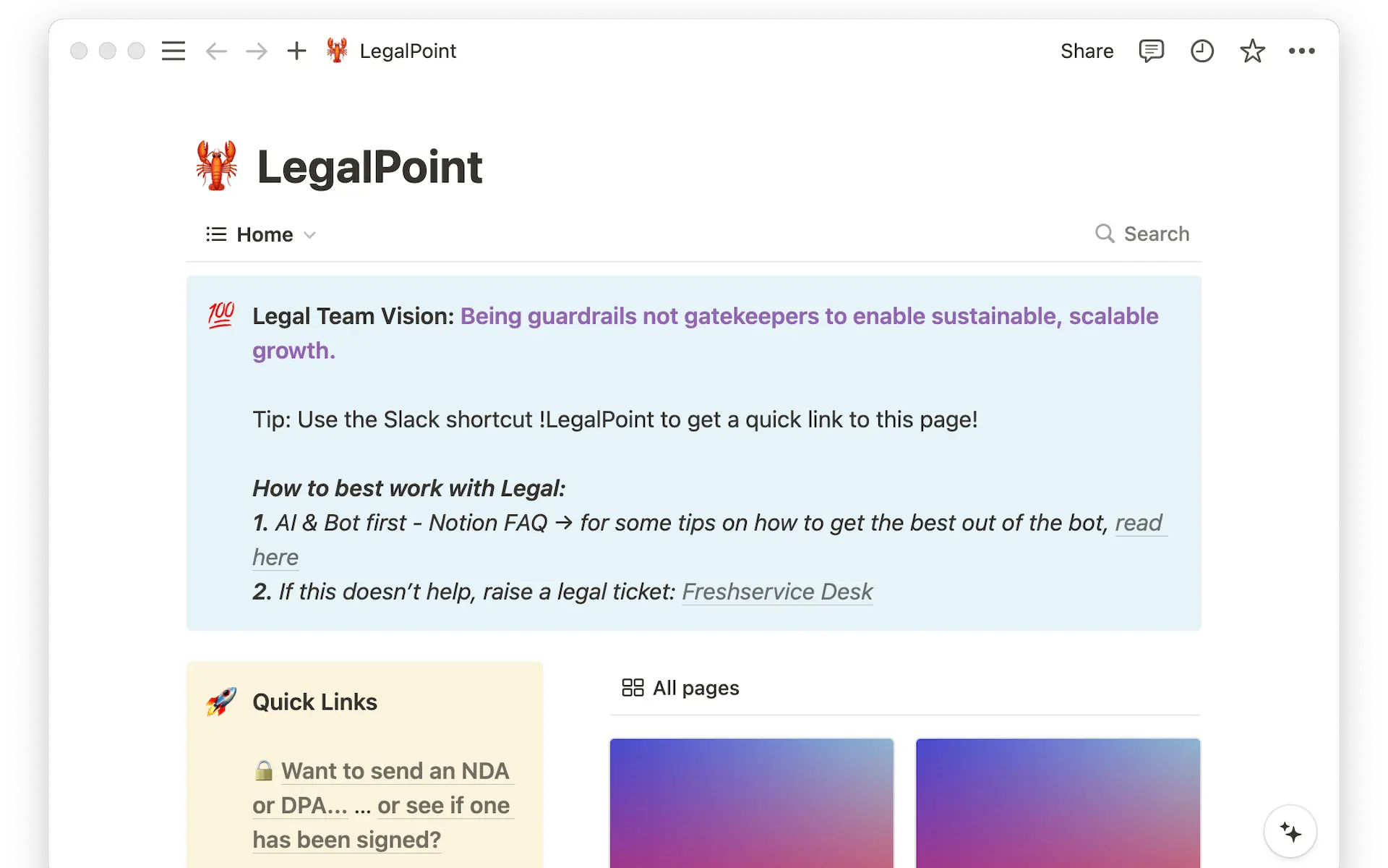 Das Wiki des Rechtsteams von Liberis ist eine der meistbesuchten Seiten im Notion Workspace des Unternehmens.
