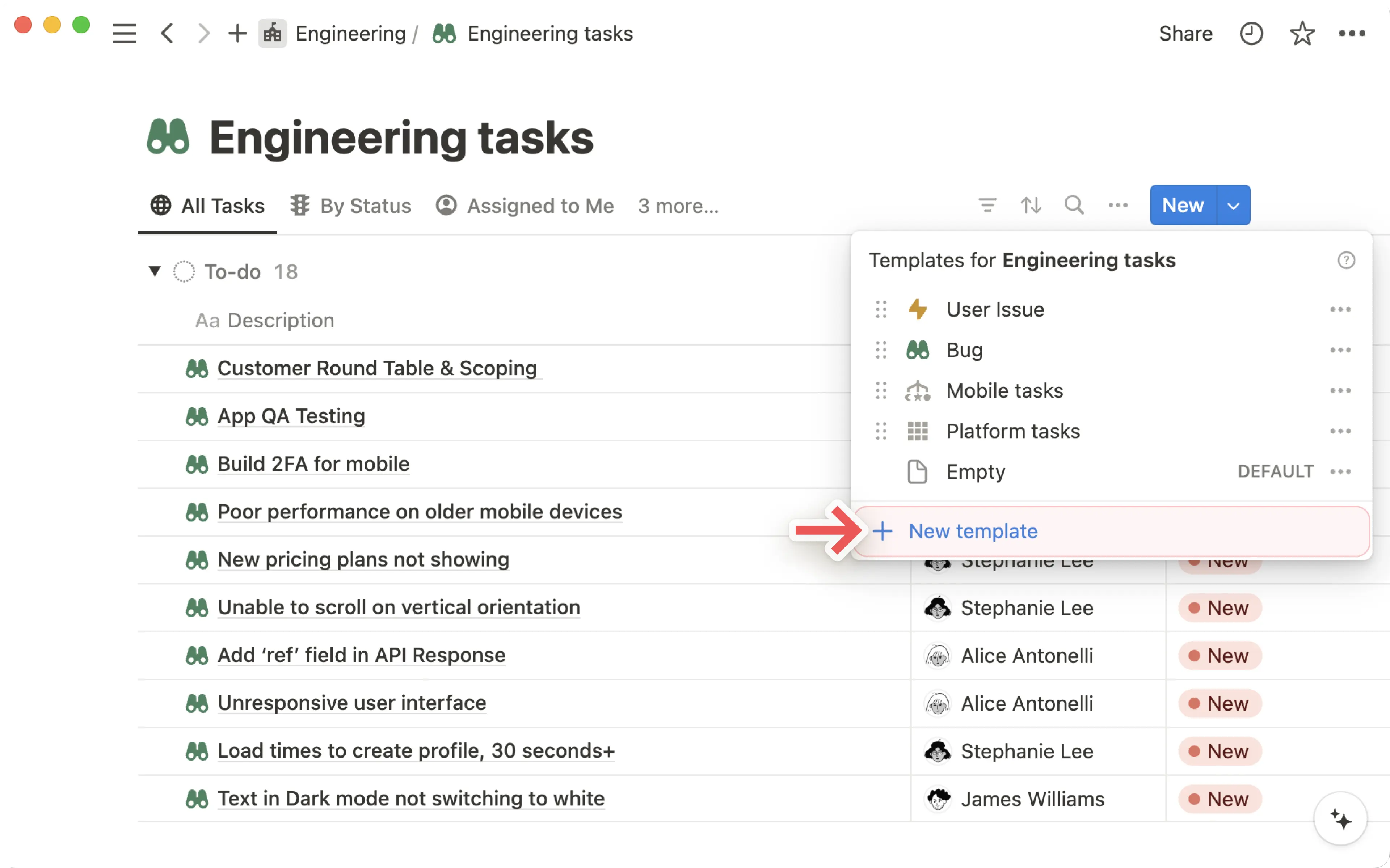 New DB template from dropdown